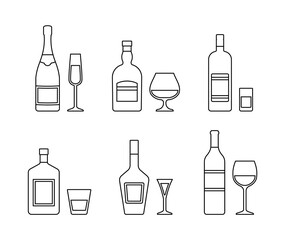 Linear alcohol bottles and glasses. Outline icons beverages isolated on white background. Set black alcoholic drinks with wineglasses in flat design. Thin line style. Vector illustration.