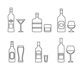 Outline alcohol bottles and glasses. Linear icons beverages isolated on white background. Set black alcoholic drinks with wineglasses in flat design. Vector graphics. Thin line illustration.