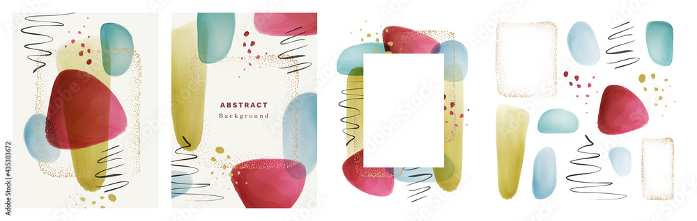 Poster transparent texture watercolor brushes, gold dots frame, calligraphic strokes, splashes set collecti