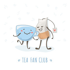 Cute illustration of a cup and tea bag relationship. Tea and a cup walk and hold hands
