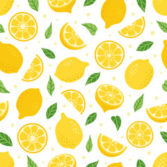 Cute Vector Lemon tropical seamless pattern. Cartoon summer fresh fruit slice, green leaves, half sliced and whole lemons print on white background. Lemonade repeat texture for wallpaper, fabric