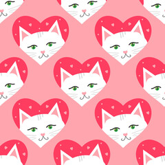 Cute cartoon style white cats in pink hearts vector seamless pattern background for Valentine’s Day design.
