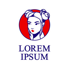 Asian girl face vector logo design. Illustration of a young woman in red and blue colors isolated on a white background.