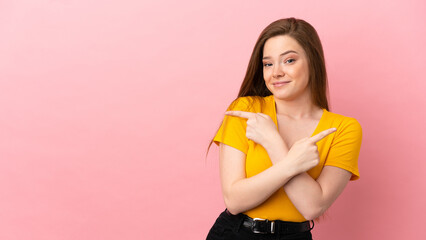 Teenager girl over isolated pink background pointing to the laterals having doubts