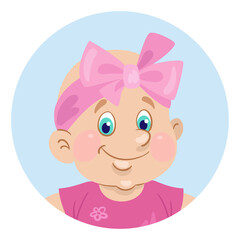 Portrait of a cute baby girl with a pink bow. Avatar icon in cartoon style. In the blue circle. Isolated on white background. Vector illustration