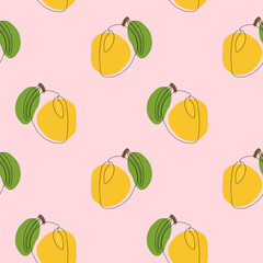 Seamless pattern with mango on pink background. Continuous one line drawing mango. Black line art on pink background with colorful spots. Vegan concept