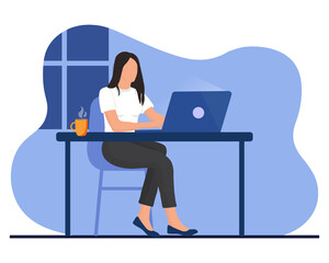 Woman is working  at the desktop with a laptop. Freelance, online education, web surfing or office worker. Vector illustration in cartoon style