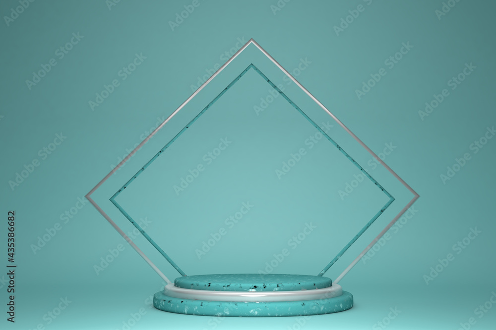 Poster 3d rendering with empty green podium and silver frame, minimal geometric pedestal. stage for product