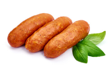 Smoked Breakfast sausages, isolated on white background. High resolution image.