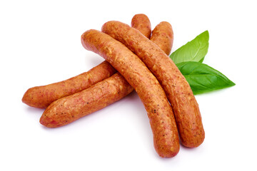 Rustic smoked sausages, isolated on white background. High resolution image.