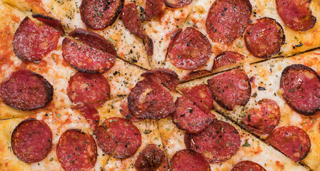 Shot close-up of pepperoni pizza. Tasty italian food