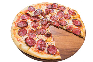 Pepperoni pizza on wooden plate isolated on white background