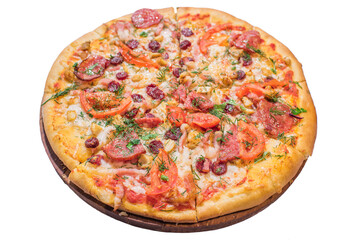 Meat pizza on wooden plate isolated on white background