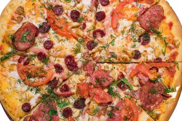 Shot of meat pizza closeup. Tasty italian food