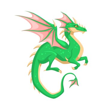 Magic Dragon. Winged green dragon. Fantasy vibrant colors creature, mythical cute reptile, medieval fairy tail single animal, flying dinosaur. Childish vector cartoon isolated illustration