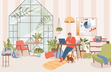 Man sitting at home and working distance with laptop vector flat illustration. Freelancer, remote work concept. Freelance male character working in comfortable conditions. Living room interior design.
