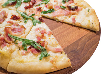 Pizza Cosa Nostra on wooden plate isolated on white background