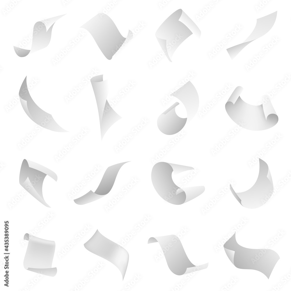 Poster papers flying. clean blank paper sheet falling down with curved corners. pages in loose flight diffe