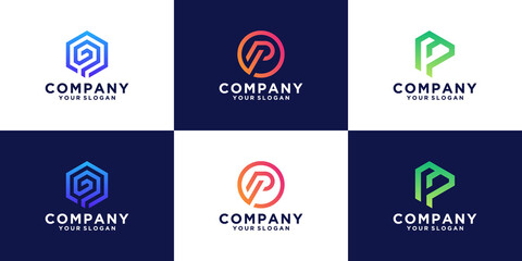 Collection of p letter logos with line styles and golden color for consulting, initials