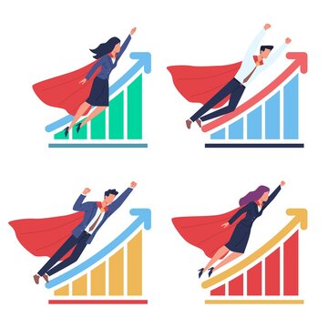 Business development. Growing charts and superheroes men and women in flowing capes and suits flying, successful teamwork, finance progress, professional managers vector isolated set