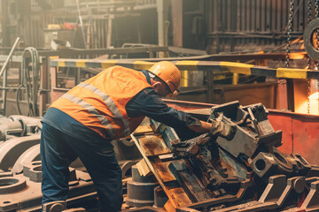 Metallurgical plant or foundry worker and large steel product in workshop.
