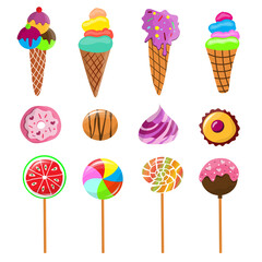 Collection of ice cream, sweets, cookies and lollipops. Various flavors of ice cream. Sweets and candies set. Vector cartoon illustration on white background.
