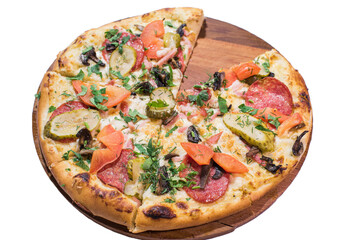 Pizza with salami, mushrooms, pickled cucumbers and tomatoes on a wooden plate isolated on white background
