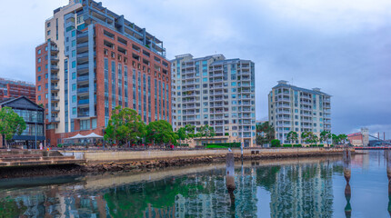 Panorama view of apartmernts along Pyrmont Sydney Harbour NSW Australia 