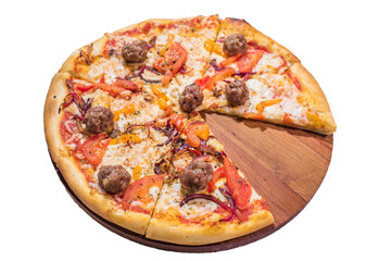 Tasty pizza meat balls on wooden plate isolated on white background