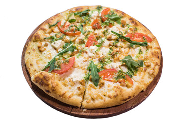 Toscana pizza on wooden plate isolated on white background