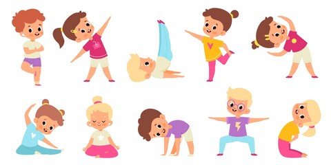 Kids yoga. Childish gymnastic poses, stretch and balance, children sport activity collection, happy flexible boys and girls in lotus meditation position and asana, vector isolated set