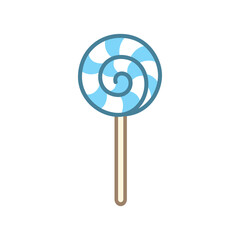 Obraz premium Light blue striped lollipop cute cartoon illustration. Simple flat vector clip art element.