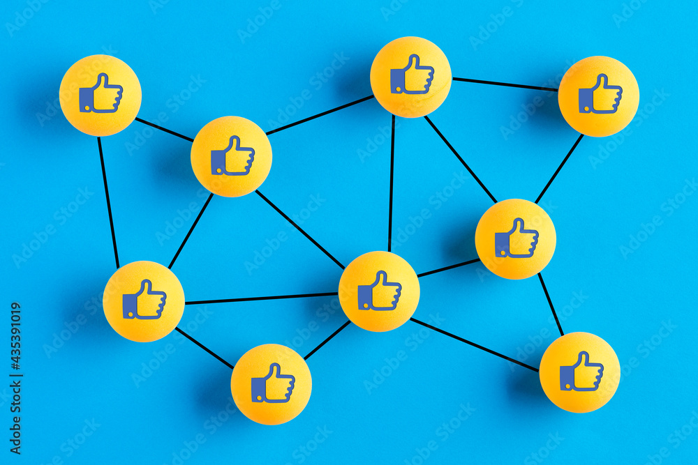 Poster like icons on table tennis balls linked to each other representing a social network. social network 