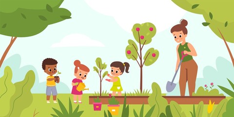 Kids garden planting. Happy children with women tend plants outdoor, woman with little girls and boy dig holes and water flowers. Summer landscape, vector cartoon isolated concept