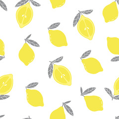 Vector seamless pattern with yellow lemons on white background. Abstract handdrawn illustration for fabrics, wrapping papers, swimwear in colors of the year: illuminating and ultimate grey.