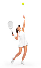 Tennis player with racket in sports costume. Woman athlete playing isolated on white background.