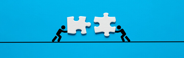 Person icons are pushing and joining the puzzle pieces. Sustaining cooperation, teamwork, unity,...