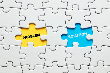 Missing puzzle pieces with the opposite words problem and solution. Problem solving in business