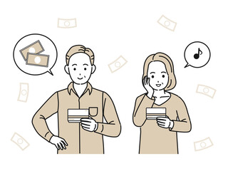 通帳を見て喜ぶ中高年の男女　給与　振込　夫婦　ミドル　イラスト素材