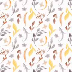 Bright seamless pattern with  floral elements. Texture for wrapping paper, fabric, cards and invitations. Watercolor illustration.