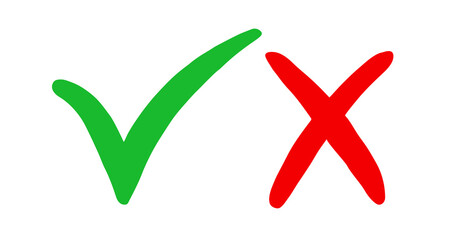 Wrong and right. Icon check mark yes and x. Red and green color sign isolated on white background. Wrong or right checkmark. Symbol correct and false. Tick box. Ok or cross. Done choice. Vector