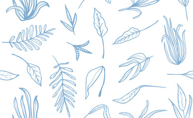 Botanical elements seamless repeat pattern. Vector leaves, grass and branches all over surface print on white background.