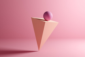 Sphere ball on balance on an inverse pyramid prism geometric shape on pink background. Abstract 3D...