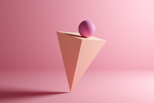 Sphere ball on balance on an inverse pyramid prism geometric shape on pink background. Abstract 3D illustration.