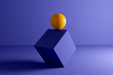 Yellow sphere or ball balanced at the edge of a cube geometric shape on blue background. Abstract...