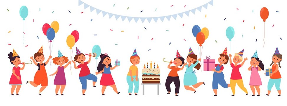 Cartoon kids on birthday party. Boy celebrating, cake on table and little children. Event with sweets, fun girl have celebrating decent vector banner