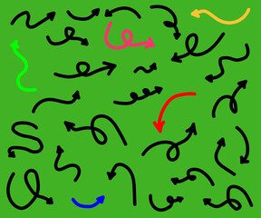 Collection of various arrows on a green background. Sketch. Vector illustration.