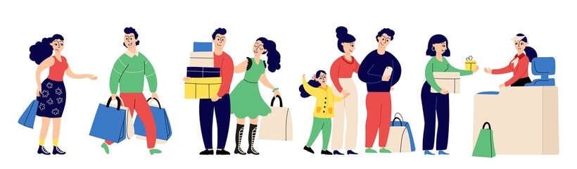 Queue people in shop. Happy buyers with purchase, shopping bag and gift box. Man woman child in waiting line, isolated customers vector cartoon characters