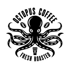 Octopus coffee vector logo concept in vintage black and white style isolated on white background