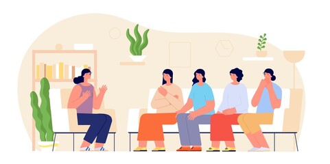 Women group therapy. Woman support, female talking meeting. Psychotherapy session, girl discuss in community, friendship utter vector concept